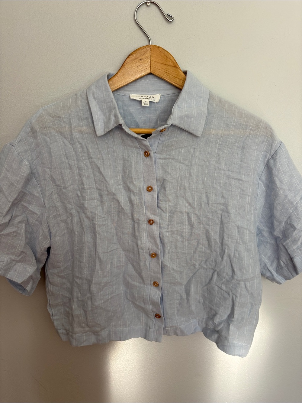 Light Blue Short-Sleeve Button-Down Shirt with Wooden Buttons